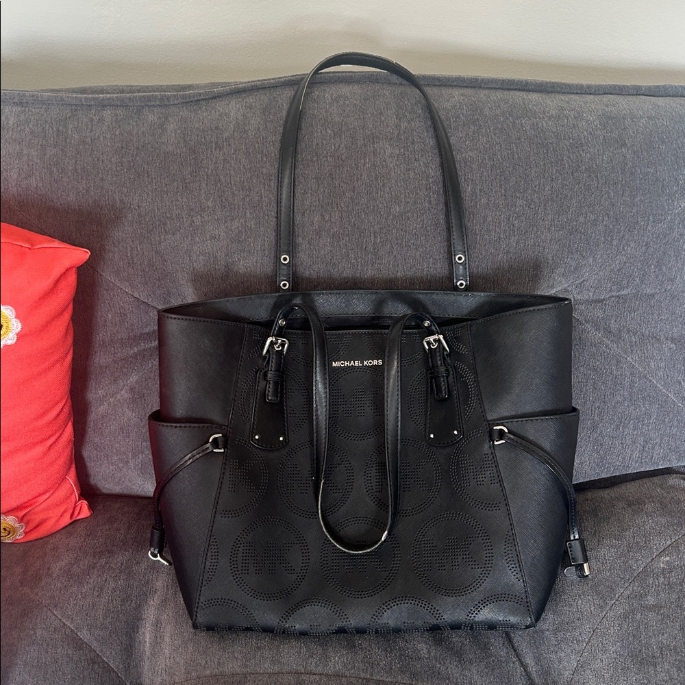 Michael Kors Black Perforated Logo Leather Tote